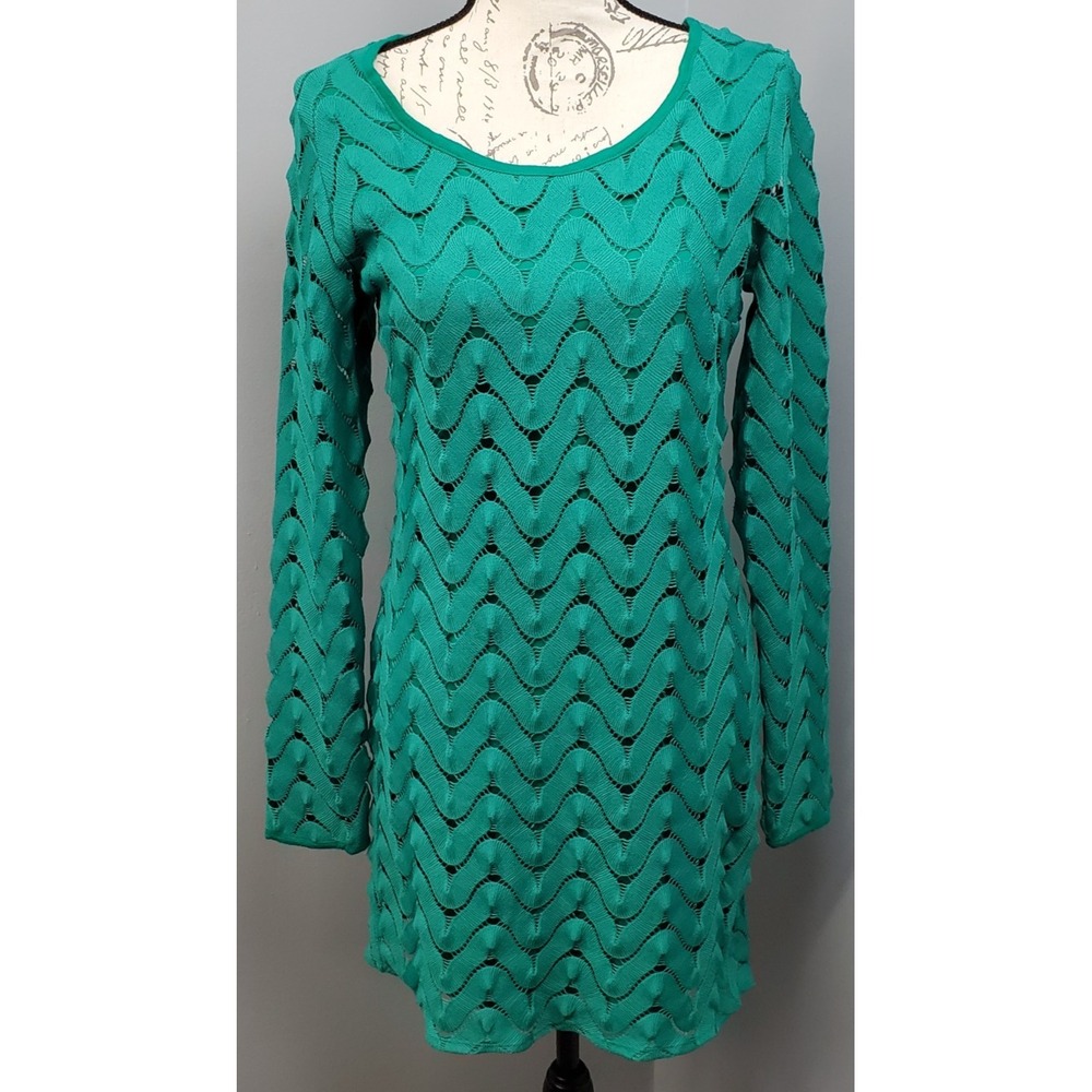 Free People Shift Dress Womens Medium Green Chevron Knit Cutout Back Long Sleeve